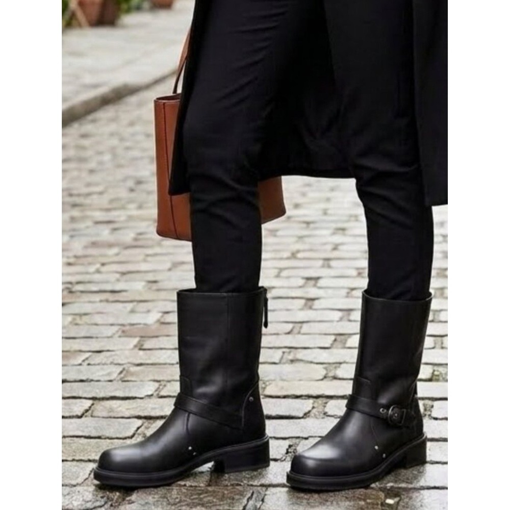 Stuart Weitzman Maverick Black Leather Moto Buckle Mid-Calf Boots SF739 Size 11